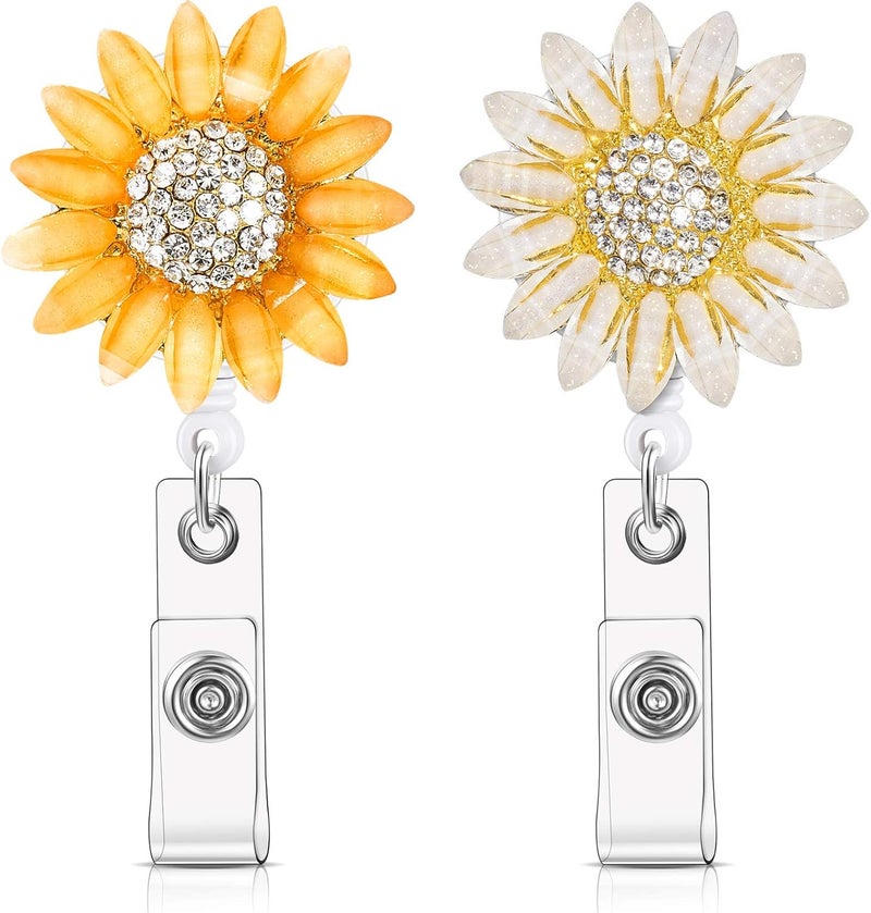 klarako 2 Pieces Retractable Badge Reel Sunflower Badge Reel Sunflower Badge Holder Clip with Alligator Clip Nylon Cord ID Badge Reel on Card Holders for Nurse Teacher Student (Orange, White) - Image 1