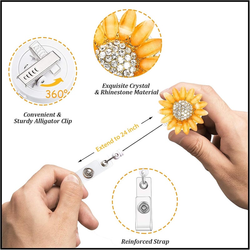 klarako 2 Pieces Retractable Badge Reel Sunflower Badge Reel Sunflower Badge Holder Clip with Alligator Clip Nylon Cord ID Badge Reel on Card Holders for Nurse Teacher Student (Orange, White) - Image 3
