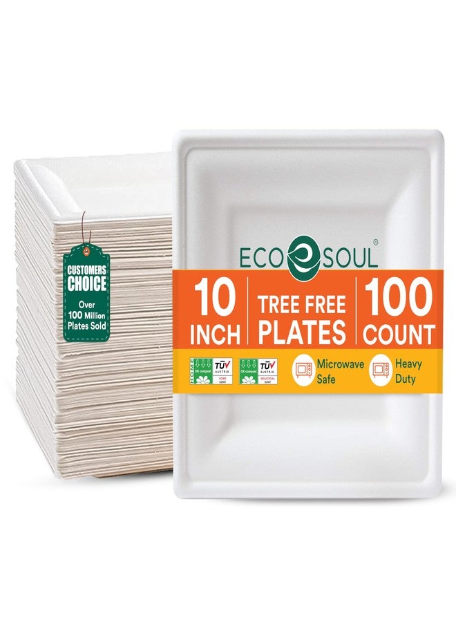 ECO SOUL Compostable Paper Plates 10 Inch, 100 Pack - Heavy Duty Disposable Paper Plates, Biodegradable Sugarcane Bagasse, Durable & Microwave Safe, Square Dinner Plates for Party, Picnic - White - Image 1