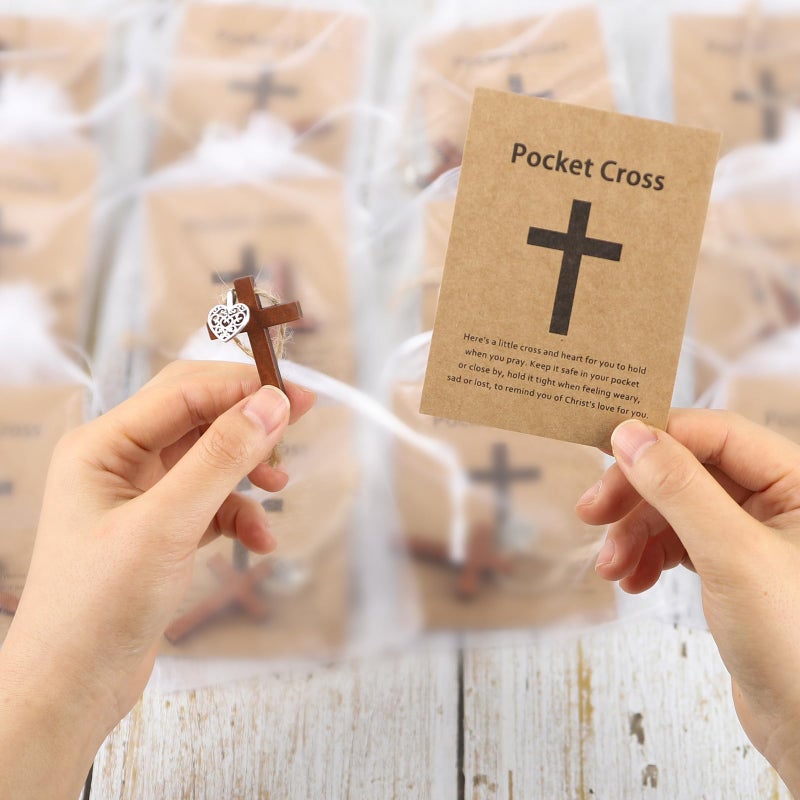 Qpige Bulk 30 Pocket Cross Cards Christian Gifts, Wooden Pocket Cross Charm Christian Religious Gifts Small Faith Based Comfort Baptism Gift Inspirational Gifts for Women Men(Hollow Out Heart) - Image 4