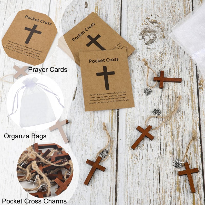 Qpige Bulk 30 Pocket Cross Cards Christian Gifts, Wooden Pocket Cross Charm Christian Religious Gifts Small Faith Based Comfort Baptism Gift Inspirational Gifts for Women Men(Hollow Out Heart) - Image 5