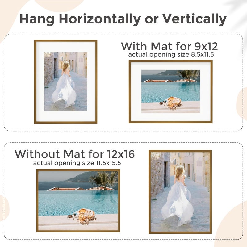 FLYJOE 12x16 Metal Picture Frame for Wall With Mat for 9x12, 12''x16'' Aluminum Certificate Document Frames With Plexiglass, Minimalist Modern Poster Frame Horizontally And Vertically, Bronze - Image 4