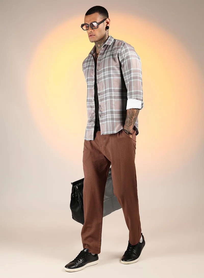 كامبوس سوترا Men's Nude Pink & Cloud Grey Tartan Plaid Shirt