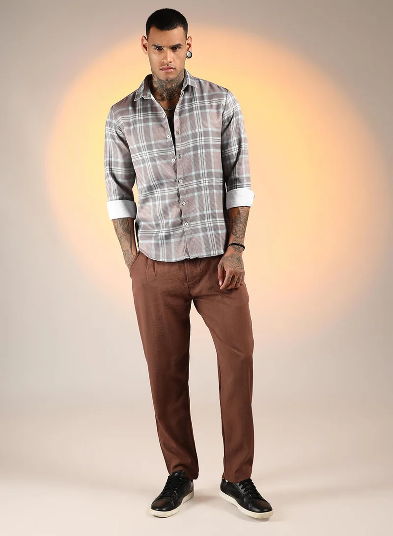 كامبوس سوترا Men's Nude Pink & Cloud Grey Tartan Plaid Shirt