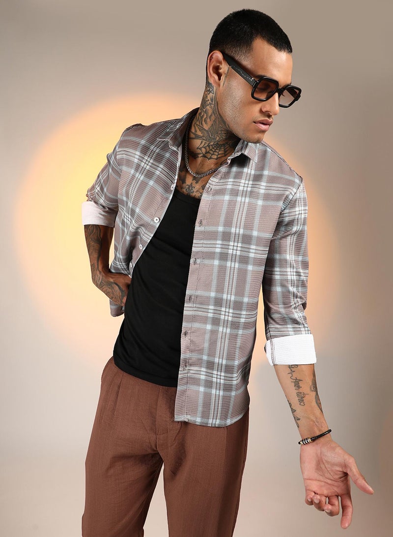 Campus Sutra Men's Nude Pink & Cloud Grey Tartan Plaid Shirt - Image 1