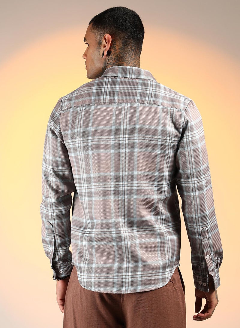Campus Sutra Men's Nude Pink & Cloud Grey Tartan Plaid Shirt - Image 5