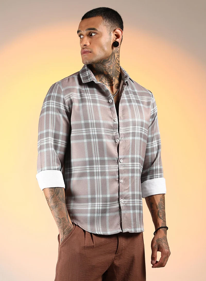 كامبوس سوترا Men's Nude Pink & Cloud Grey Tartan Plaid Shirt