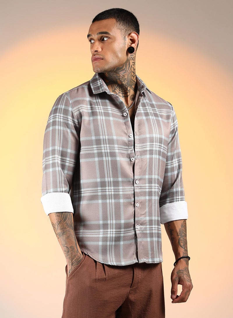 Campus Sutra Men's Nude Pink & Cloud Grey Tartan Plaid Shirt - Image 3
