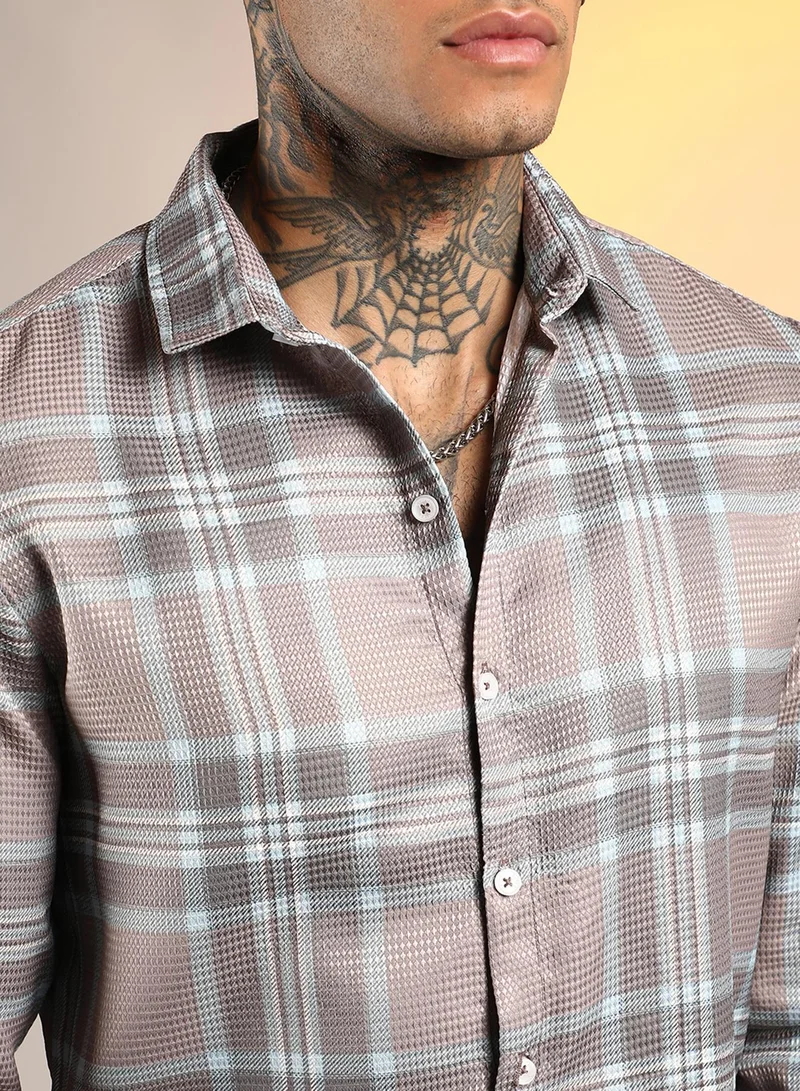 كامبوس سوترا Men's Nude Pink & Cloud Grey Tartan Plaid Shirt