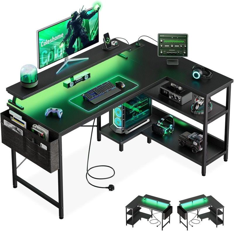 Coleshome L Shaped Gaming Desk with LED Lights, 100 × 70 cm Computer Desk with Power Outlet, Reversible Corner Gaming Table with Storage Shelves & Monitor Stand, Carbon Fiber Black - Image 1