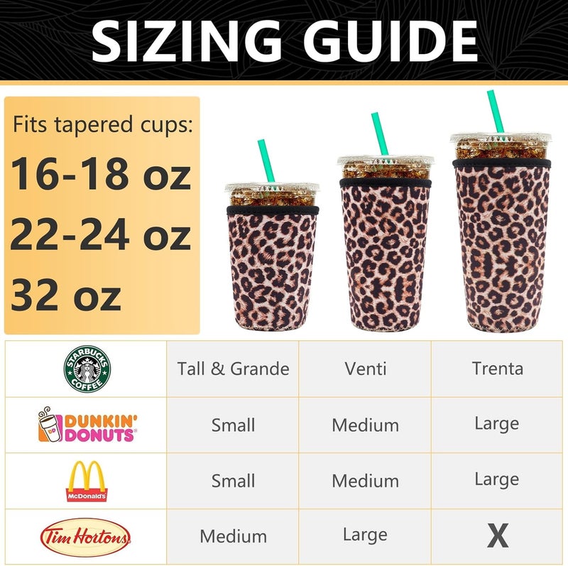 واي آر Reusable Neoprene Insulator Sleeve for Iced Coffee Cups, 3 Pack Coffee Coolies sleeves for Iced  Hot Drinks, Cold Beverage Cooler Compatible with Starbucks Coffee and More (Leopard) - Image 2