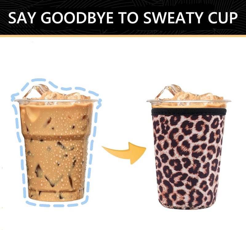 واي آر Reusable Neoprene Insulator Sleeve for Iced Coffee Cups, 3 Pack Coffee Coolies sleeves for Iced  Hot Drinks, Cold Beverage Cooler Compatible with Starbucks Coffee and More (Leopard) - Image 3