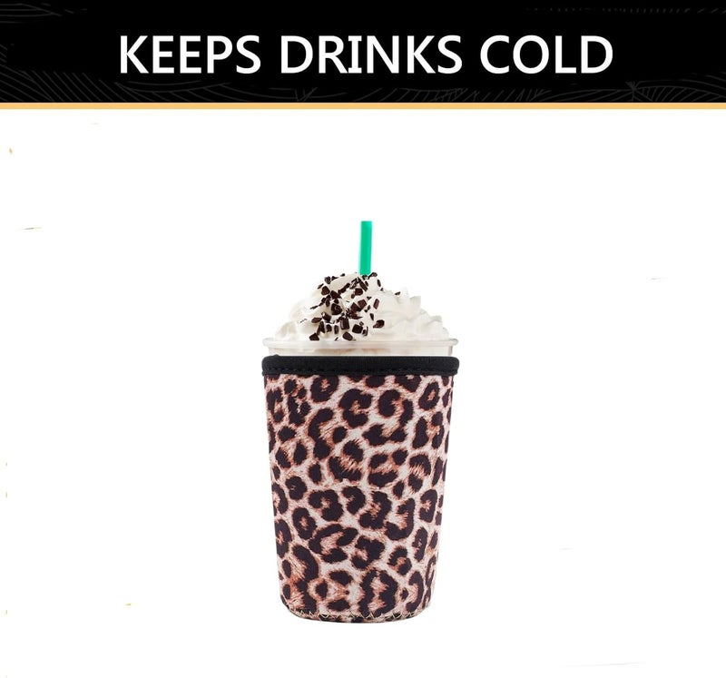 واي آر Reusable Neoprene Insulator Sleeve for Iced Coffee Cups, 3 Pack Coffee Coolies sleeves for Iced  Hot Drinks, Cold Beverage Cooler Compatible with Starbucks Coffee and More (Leopard) - Image 4