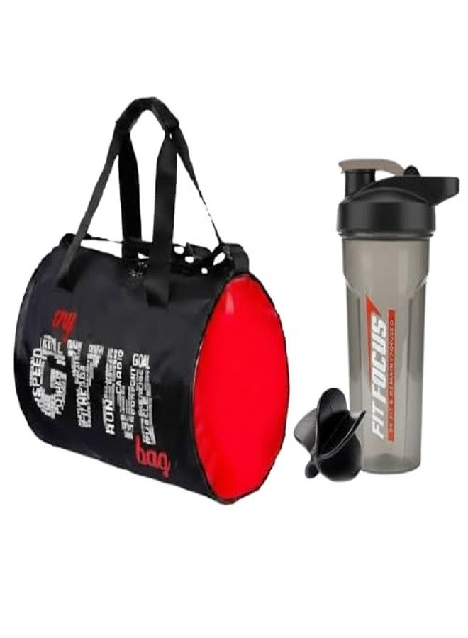 COOL INDIANS Gym Duffel Bag for Men with Protein Shaker Bottle 750 ML, Sports Bag with Fit Focus Print, BPA Free Leak Proof Shaker, Adjustable Shoulder Strap, Black Red Grey - Image 1