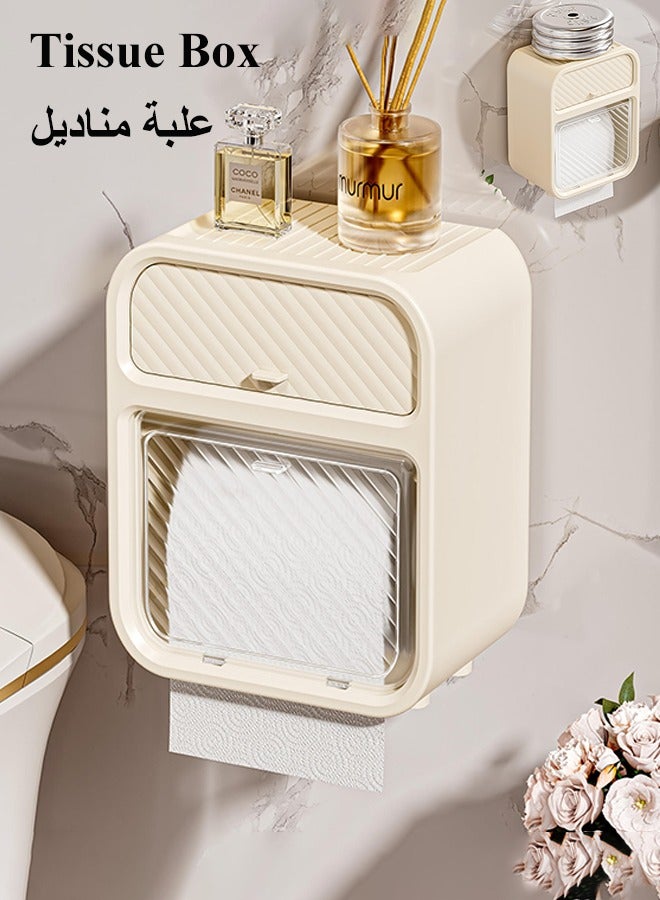 Tissue Box, Wall-Mounted Tissue Holder with Storage Tray, Waterproof Bathroom Storage Rack, No Drilling Paper Storage Box, Multifunctional Tissue Box, Double Compartment Toilet Paper Organizer, Tissue Box for Bathroom, Kitchen and Living Room - Image 1