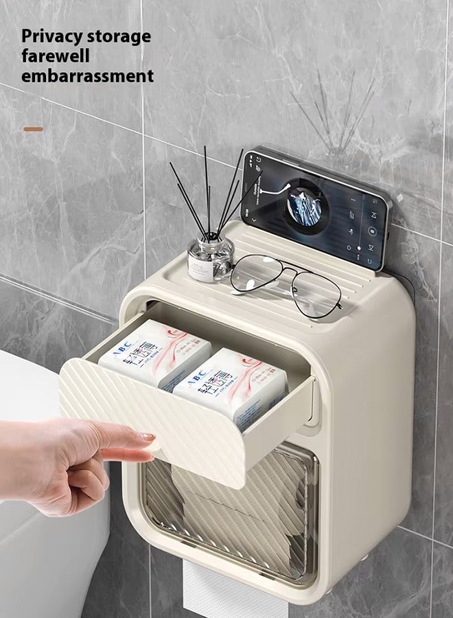 Tissue Box, Wall-Mounted Tissue Holder with Storage Tray, Waterproof Bathroom Storage Rack, No Drilling Paper Storage Box, Multifunctional Tissue Box, Double Compartment Toilet Paper Organizer, Tissue Box for Bathroom, Kitchen and Living Room - Image 5
