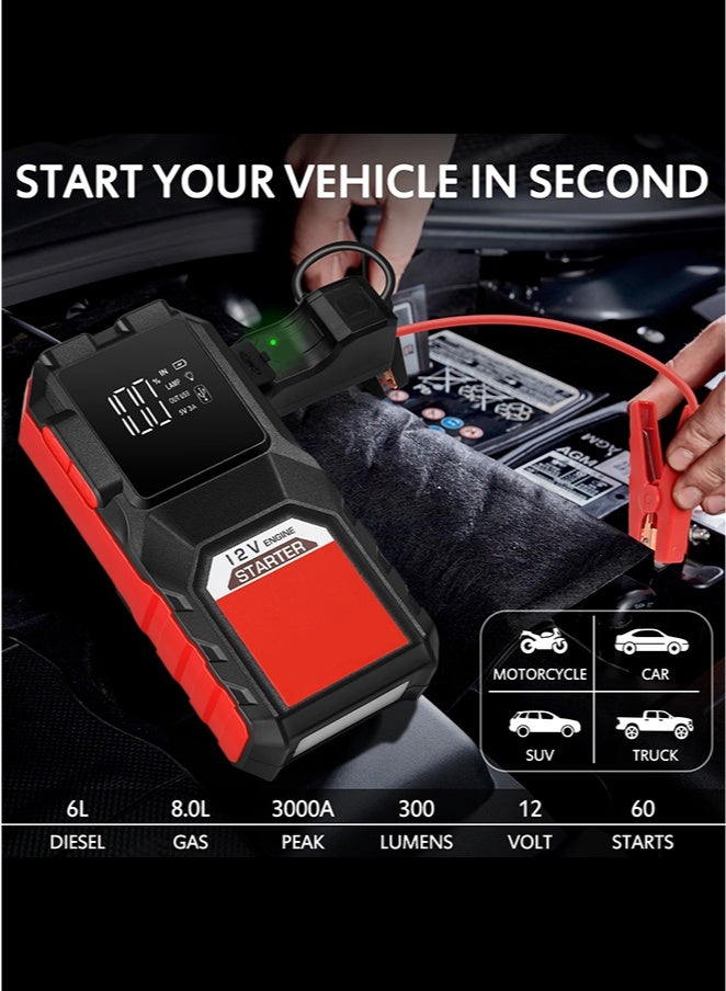 Digisand Portable Car Battery Jump Starter,3000A Jump Starter Battery Pack,Portable 12V Auto Battery Booster with Smart Charging Port, LCD Display, Intelligent Jumper Clamps - Image 3