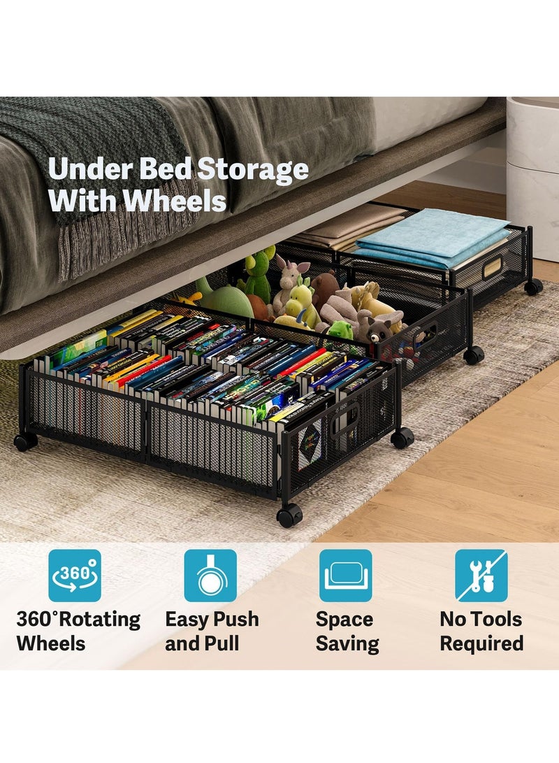 KASTWAVE 2Pcs Under Bed Storage With Wheels, Under bed Storage Containers, Under Bed Shoe Storage Organizer, Large Metal Foldable Under Bed Drawer, Rolling Drawers for Shoes Clothes in Dorm Bedroom, Black - Image 2