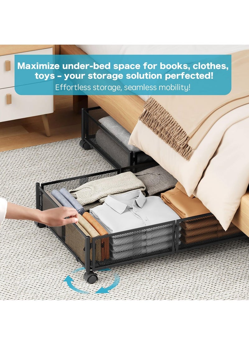 KASTWAVE 2Pcs Under Bed Storage With Wheels, Under bed Storage Containers, Under Bed Shoe Storage Organizer, Large Metal Foldable Under Bed Drawer, Rolling Drawers for Shoes Clothes in Dorm Bedroom, Black - Image 3