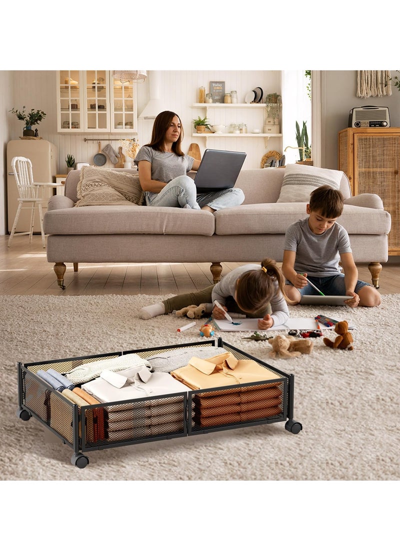 KASTWAVE 2Pcs Under Bed Storage With Wheels, Under bed Storage Containers, Under Bed Shoe Storage Organizer, Large Metal Foldable Under Bed Drawer, Rolling Drawers for Shoes Clothes in Dorm Bedroom, Black - Image 4