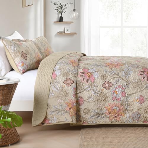 WONGS BEDDING Floral Quilt Set Queen Size, Khaki Botanical Queen Bedspread Bedding Sets Soft Lightweight Microfiber Flower Coverlet Set 3 Pieces for All Season (96"x90") - Image 4