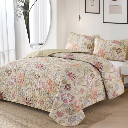 WONGS BEDDING Floral Quilt Set Queen Size, Khaki Botanical Queen Bedspread Bedding Sets Soft Lightweight Microfiber Flower Coverlet Set 3 Pieces for All Season (96"x90") - Image 2