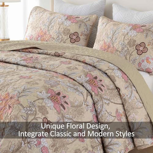 WONGS BEDDING Floral Quilt Set Queen Size, Khaki Botanical Queen Bedspread Bedding Sets Soft Lightweight Microfiber Flower Coverlet Set 3 Pieces for All Season (96"x90") - Image 5