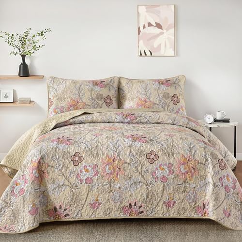 WONGS BEDDING Floral Quilt Set Queen Size, Khaki Botanical Queen Bedspread Bedding Sets Soft Lightweight Microfiber Flower Coverlet Set 3 Pieces for All Season (96"x90") - Image 1
