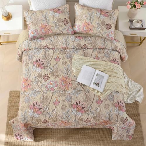 WONGS BEDDING Floral Quilt Set Queen Size, Khaki Botanical Queen Bedspread Bedding Sets Soft Lightweight Microfiber Flower Coverlet Set 3 Pieces for All Season (96"x90") - Image 3