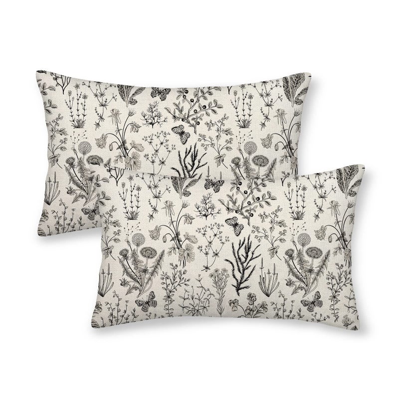 AEIOAE Spring Pillow Covers 12x20 Inch Set of 2 Black Gray Wild Flower Plant Throw Pillows Case Seasonal Floral Outdoor Decorative Linen Farmhouse Decor Cushion Covers for Home Sofa Bed Couch