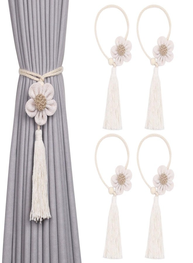 NICEEC 4 Pack Cute Flowers Tassel Curtain Tiebacks Handmade Braided Rope Drape Tie Backs Natural Rustic Style Decorative Curtain Holdbacks for Home & Office Window Drapery (J-Beige) - Image 1