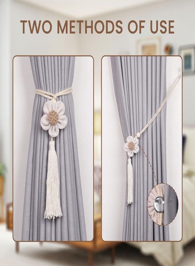 NICEEC 4 Pack Cute Flowers Tassel Curtain Tiebacks Handmade Braided Rope Drape Tie Backs Natural Rustic Style Decorative Curtain Holdbacks for Home & Office Window Drapery (J-Beige) - Image 5