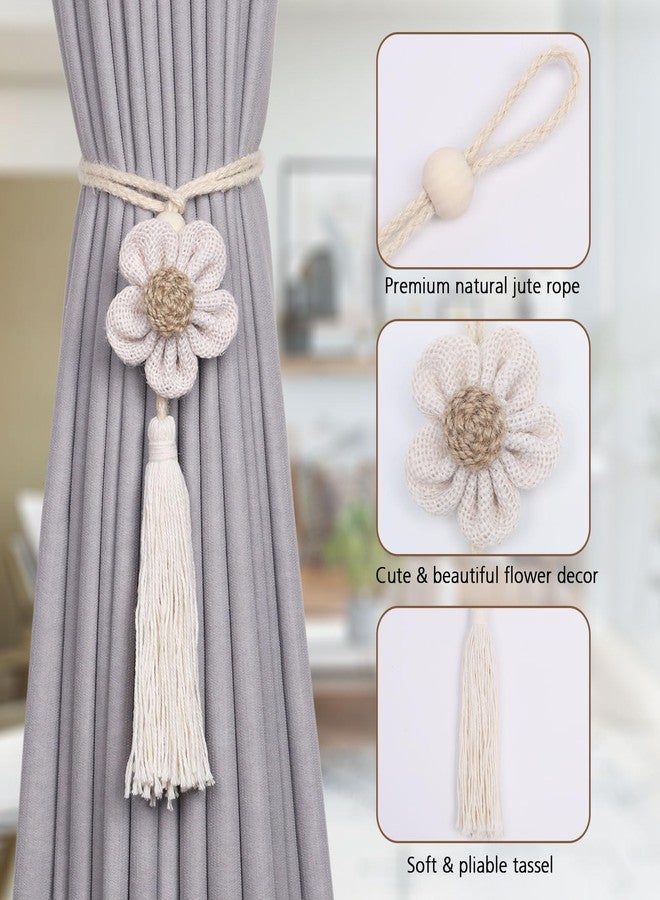 NICEEC 4 Pack Cute Flowers Tassel Curtain Tiebacks Handmade Braided Rope Drape Tie Backs Natural Rustic Style Decorative Curtain Holdbacks for Home & Office Window Drapery (J-Beige) - Image 3