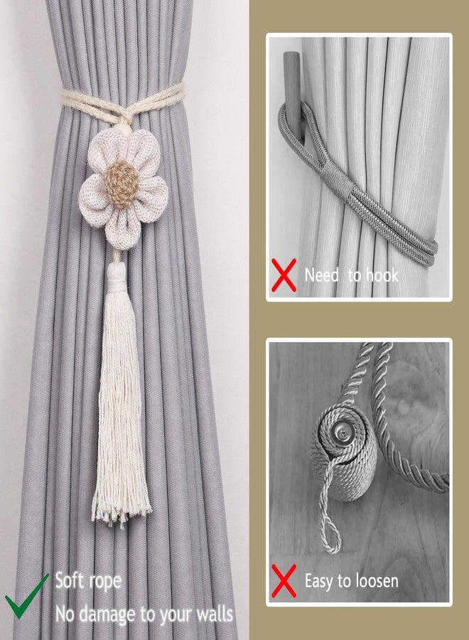 NICEEC 4 Pack Cute Flowers Tassel Curtain Tiebacks Handmade Braided Rope Drape Tie Backs Natural Rustic Style Decorative Curtain Holdbacks for Home & Office Window Drapery (J-Beige) - Image 2