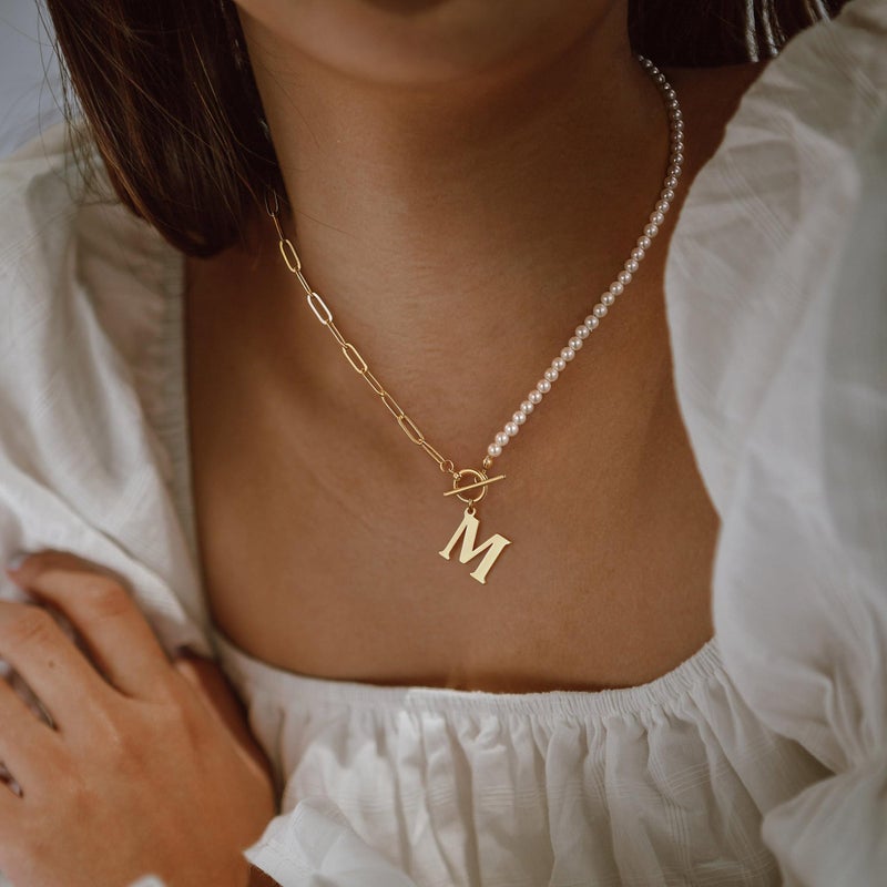 Yoosteel Pearl Initial Necklace for Women, Dainty Pearl Chain Choker Initial Necklaces for Women Toggle Clasp Paperclip Link Chain Necklace Jewelry Gifts | Initial Necklaces, Choker, Toggle Clasp, Jewelry Gifts - Image 2