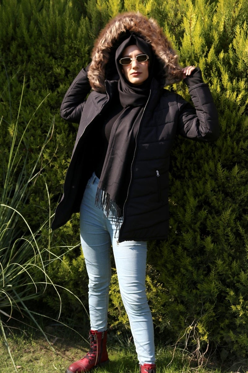 Barbora Glove Detailed Furry Hooded Inflatable Hijab Coat BT121BLACKTESETTÜR  - Image 1