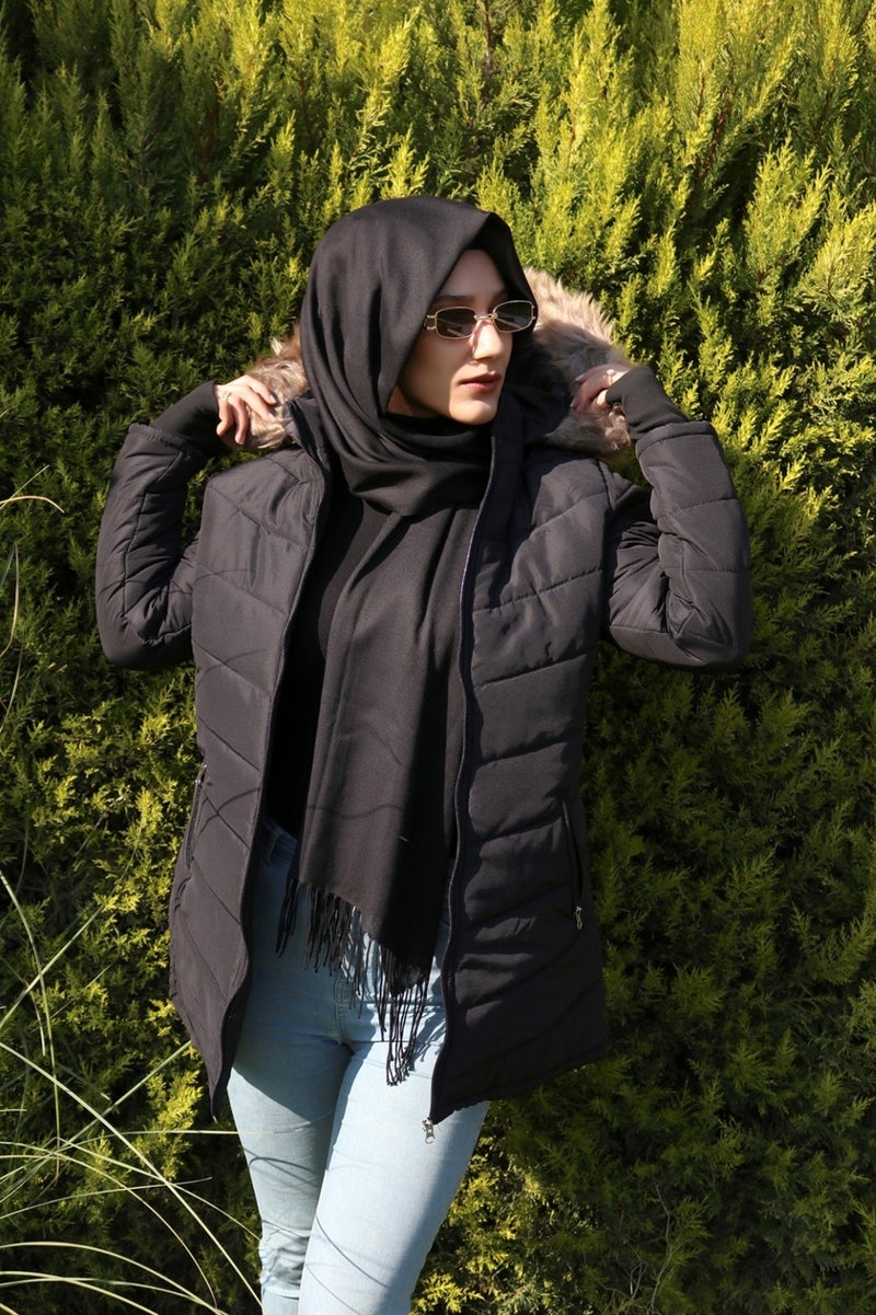 Barbora Glove Detailed Furry Hooded Inflatable Hijab Coat BT121BLACKTESETTÜR  - Image 3