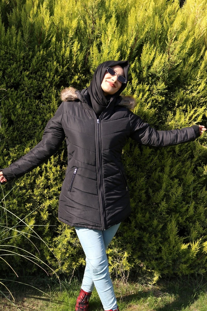 Barbora Glove Detailed Furry Hooded Inflatable Hijab Coat BT121BLACKTESETTÜR  - Image 5