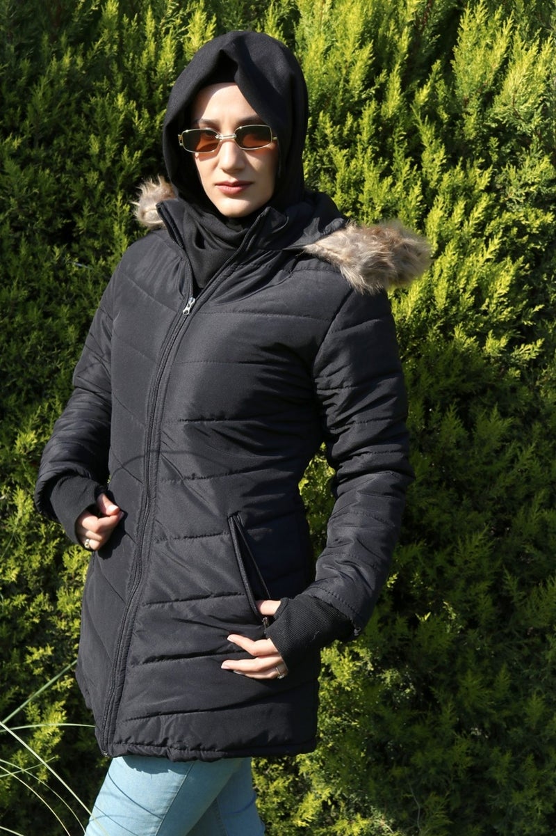 Barbora Glove Detailed Furry Hooded Inflatable Hijab Coat BT121BLACKTESETTÜR  - Image 4