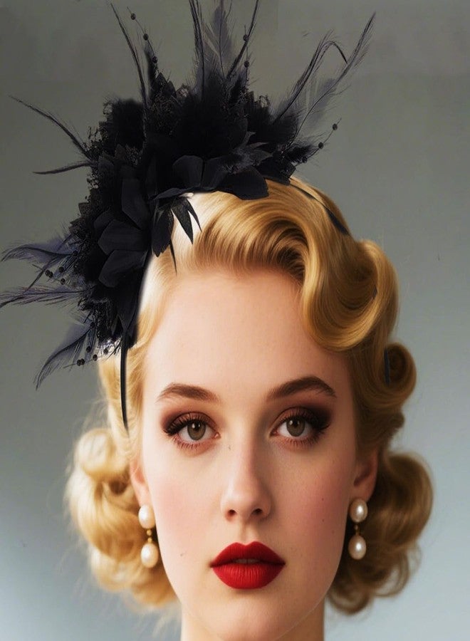 Latious Feather Headband 1920s Fascinator Headpiece Vintage 20s Hair Accessories for Women (Black) - Image 4