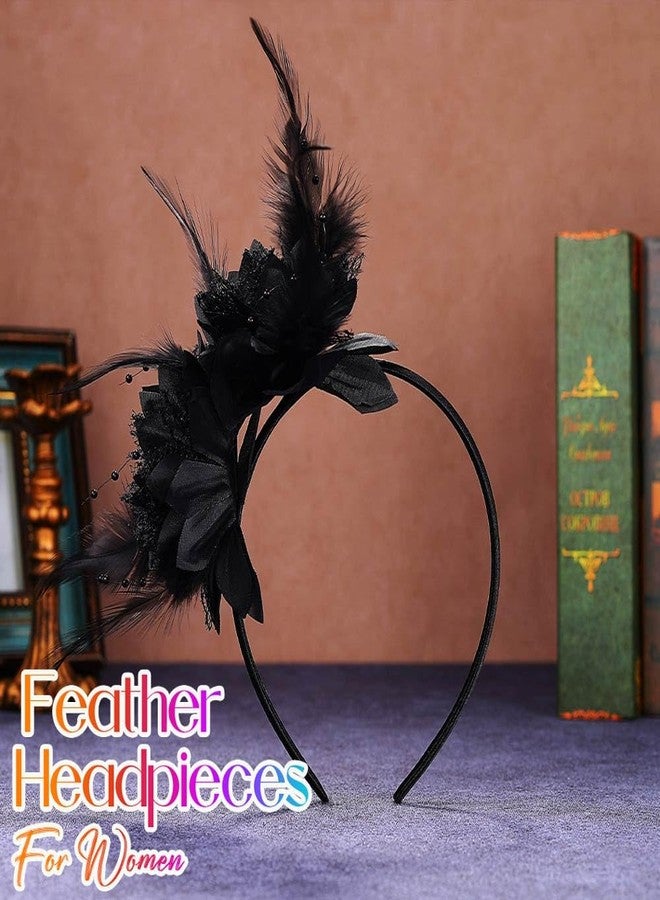 Latious Feather Headband 1920s Fascinator Headpiece Vintage 20s Hair Accessories for Women (Black) - Image 2