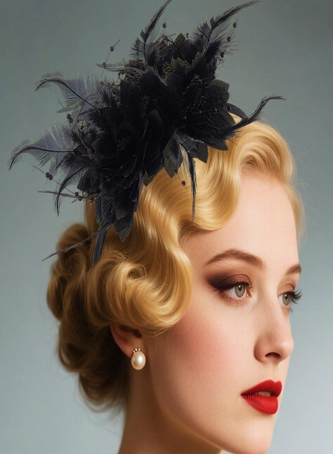 Latious Feather Headband 1920s Fascinator Headpiece Vintage 20s Hair Accessories for Women (Black) - Image 1