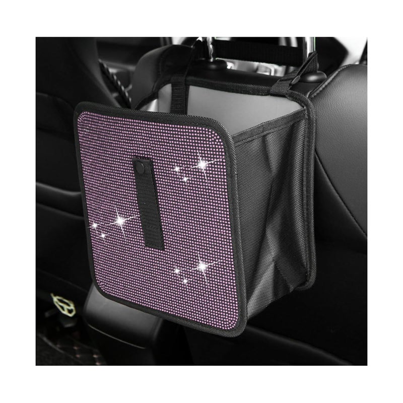 FSTURIOS Car Trash Can Bling Rhinestone Crystal Waterproof Hanging Garbage Bag for Car Interior Oxford Leakproof Foldable Waste Organizer Trash Bin Universal for Most Vehicles Light Pink - Image 3