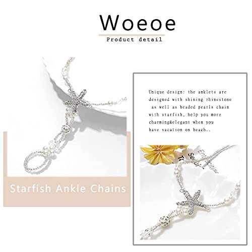 Woeoe Boho Crystal Anklet White Starfish Ankle Chains Beach Pearl Barefoot Sandals Ankle Bracelet Summer Foot Chain Jewelry for Women - Image 4