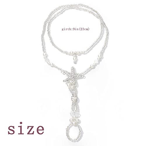 Woeoe Boho Crystal Anklet White Starfish Ankle Chains Beach Pearl Barefoot Sandals Ankle Bracelet Summer Foot Chain Jewelry for Women - Image 2