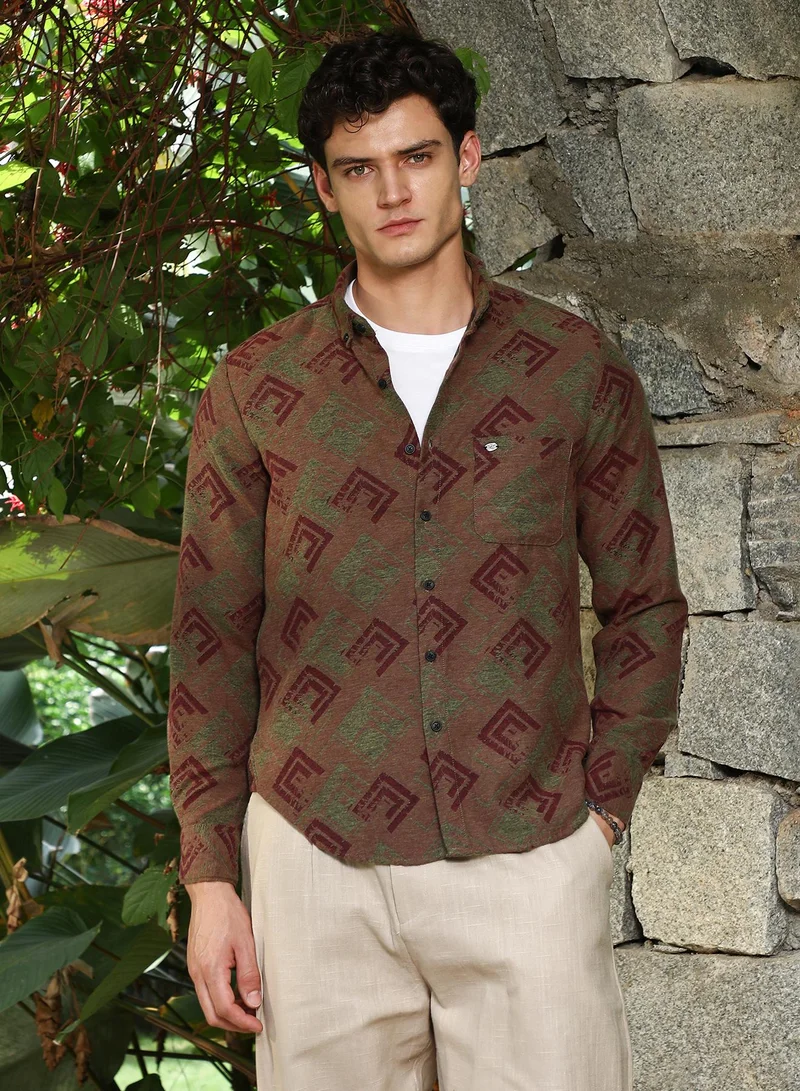 كامبوس سوترا Campus Sutra Men's Coffee Brown Cubic-Stamp Jacquard Shirt For Casual Wear | Button Down Collar | Long Cuffed Sleeves | Button Closure | Shirt Crafted With Comfort Fit For Everyday Wear
