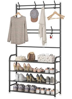 Coat Rack Shoe Rack, Storage Shelf With 4-Tier Shoe Organizer, Clothes Rack With 8 Hooks Hanging, Entryway Hall Trees Hanging (Black)