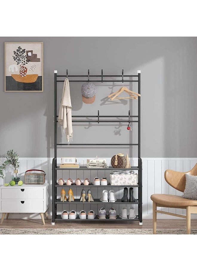 Generic - Coat Rack Shoe Rack, Storage Shelf With 4-Tier Shoe Organizer, Clothes Rack With 8 Hooks Hanging, Entryway Hall Trees Hanging (Black) - Image 1