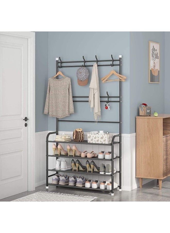Generic - Coat Rack Shoe Rack, Storage Shelf With 4-Tier Shoe Organizer, Clothes Rack With 8 Hooks Hanging, Entryway Hall Trees Hanging (Black) - Image 1