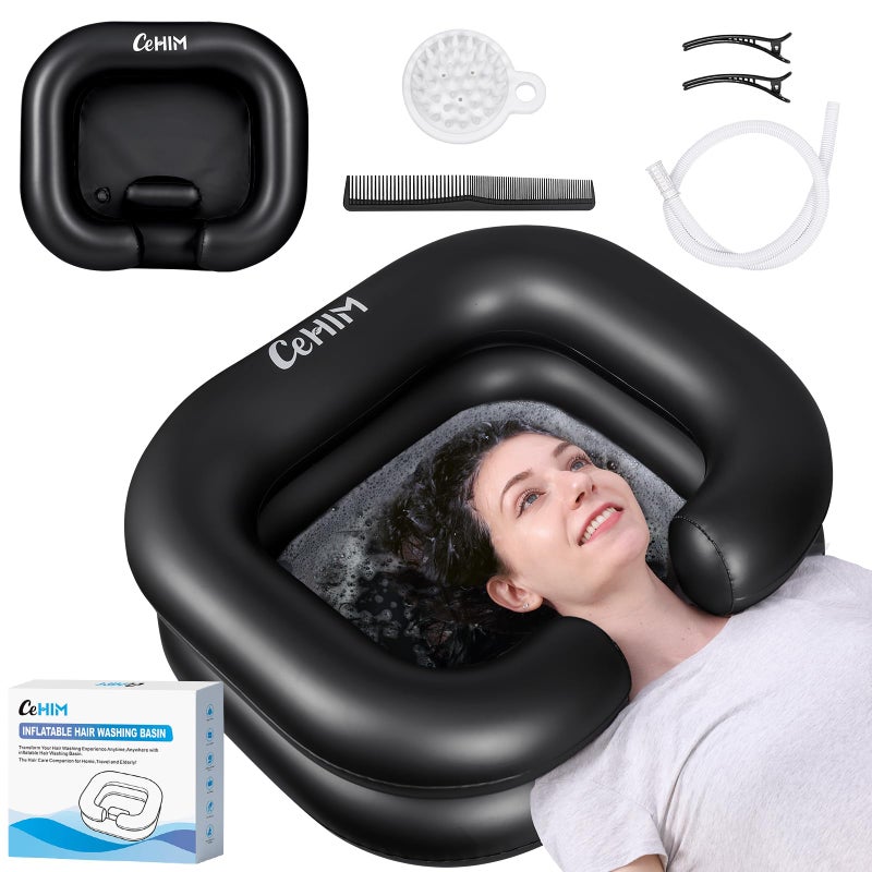 Cehim Inflatable Shampoo Basin Portable Shampoo Bowl Hair Washing Basin for Bedridden DisabledInjured Hair Wash Tub for Dreadlocks and at Home Sink Washing Black 15in Inner